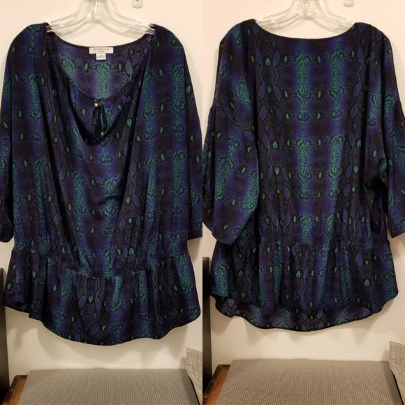Liz Claiborne • Exotic Print Blouse Top with Elastic Waist • 3/4 Sleeves • 2X - Picture 3 of 9